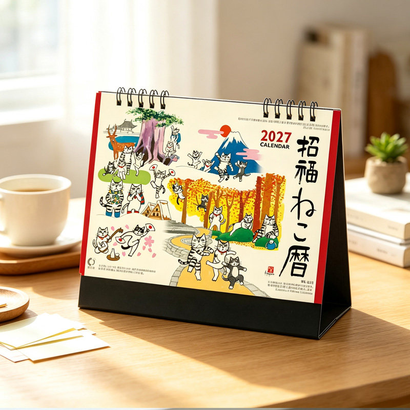 现货日本进口2027新年日历冈本肇招福猫台历挂历客厅装饰送人礼物