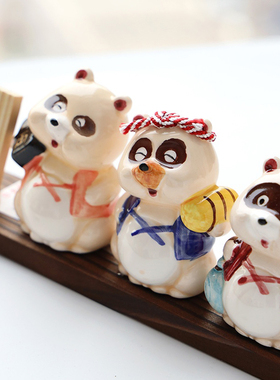 日本进口濑户烧七福招财狸猫摆件小浣熊开运装饰手工陶瓷开业礼物