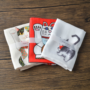 伴手礼 日本艺术家画家招财猫咪敷巾手帕纯棉毛巾长条手绢头巾日式