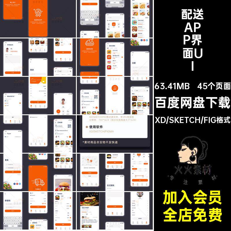 送餐APP界面UI中文端配送45个页面整套移动模板外卖作业手机面试