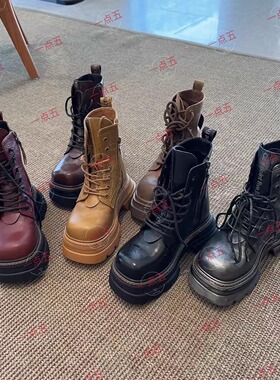 顾茜茜同款隐形增高15CM女士马丁短靴高端真皮防滑系带英伦鞋定制