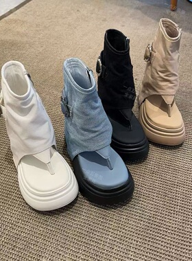 一点五增高14-10厘米轻奢短筒凉鞋女士裤管半拖原创新款夏季透气