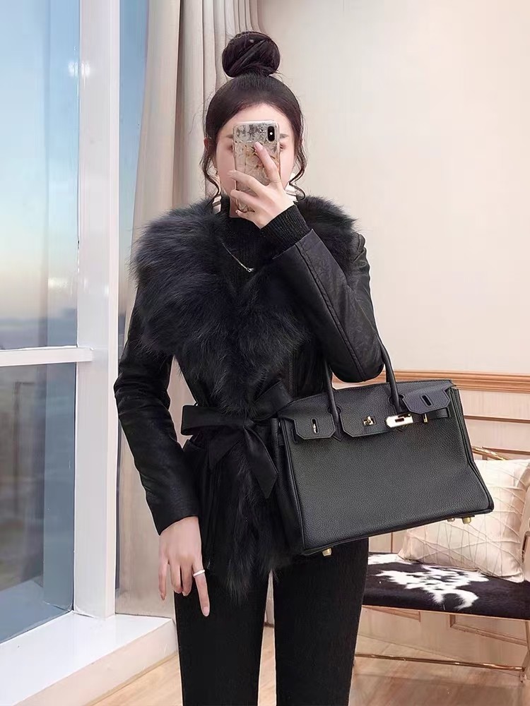 加棉加厚皮衣女冬修身真狐狸毛大毛领皮草棉服皮外套小棉袄系腰带
