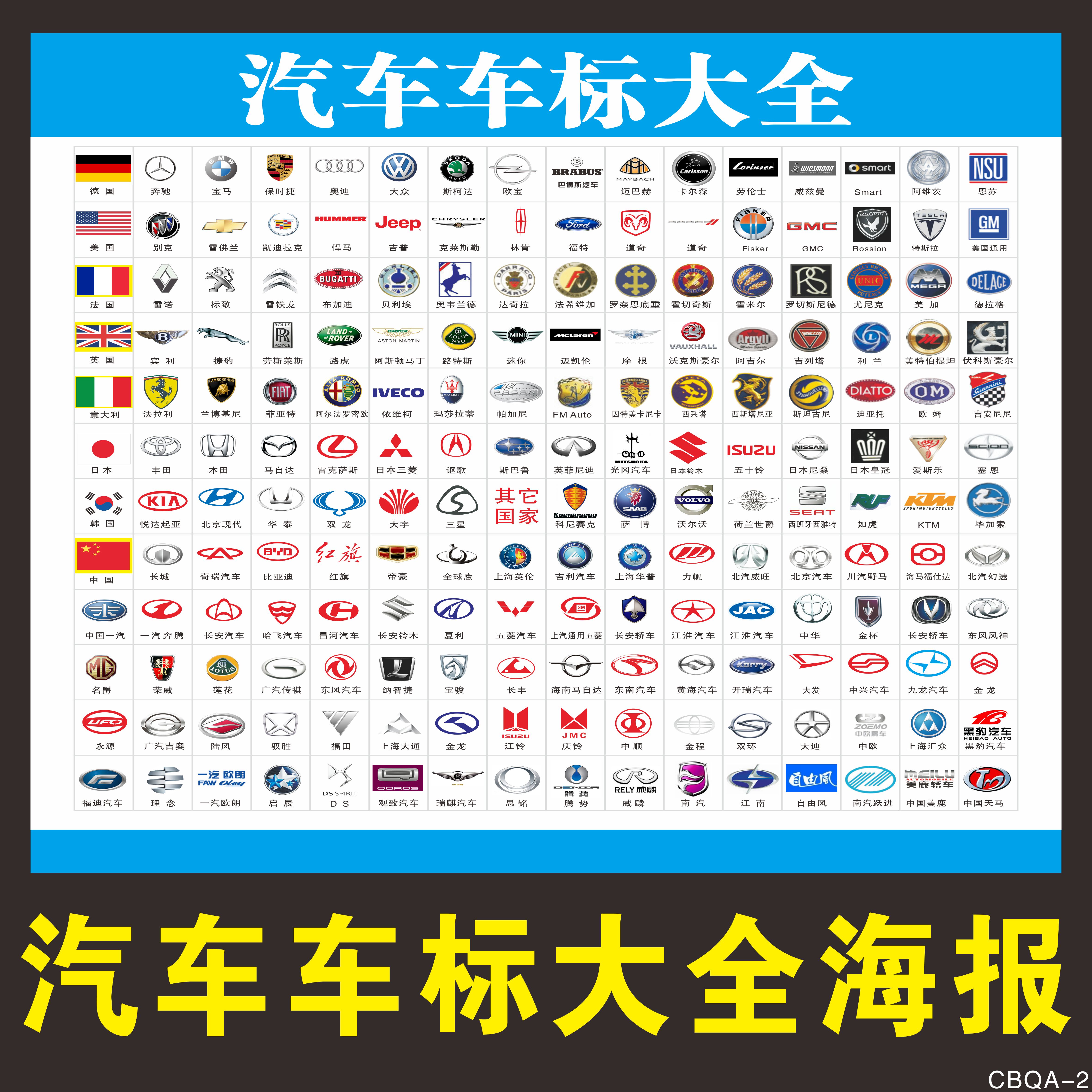 世界汽车标志标识大全墙贴汽修厂写真/海报印制