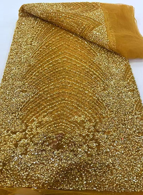 高档珠管亮片绣婚纱伴娘裙面料新娘派对礼服旗袍时装绣花料5Ylace