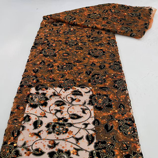 Nigerian Asooke Lace新款植绒叶子花朵刺绣蕾丝亮片礼服时装面料