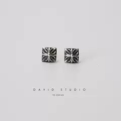 David Studio925 Sterling Silver Cross Flower Square Stud Earrings Pendant Unisex Trendy Biker Style