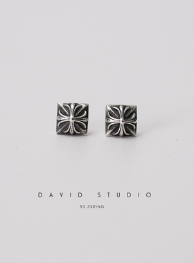 David studio925纯银十字花方形耳钉耳环坠子 男女同款潮流机车风