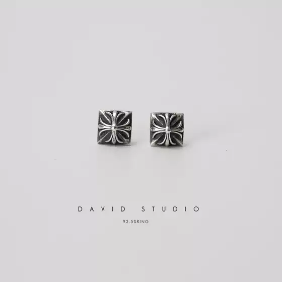 David Studio925 Sterling Silver Cross Flower Square Stud Earrings Pendant Unisex Trendy Biker Style