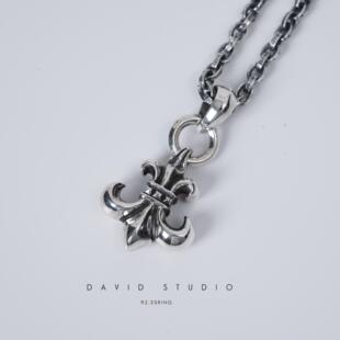David studio925纯银船锚童军花吊坠刻字环形项链纯手工潮流情侣