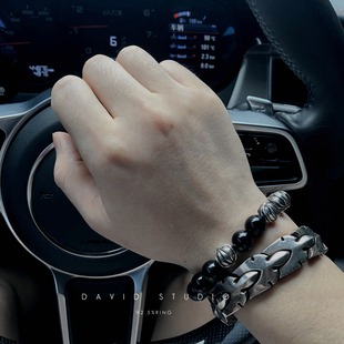 天然原矿黑曜石10mm情侣手串 925纯银珠朋克机车男款女士手链