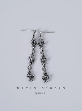 David studio925纯银十字花拼接流苏耳环纯手工制作朋克网红同款