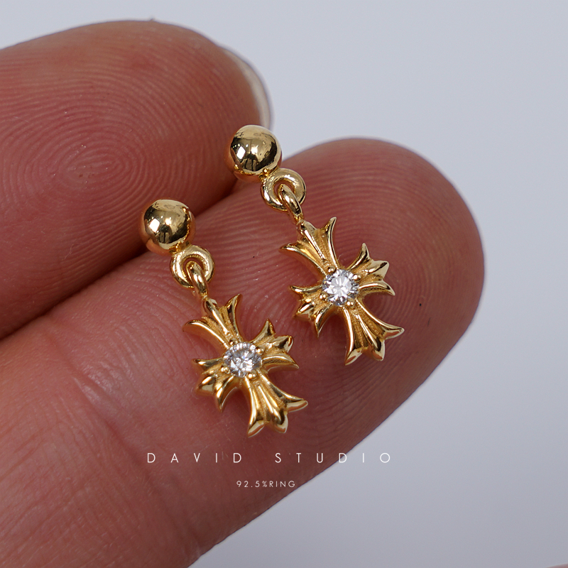 尅罗心真金耳钉耳坠十字架耳钉