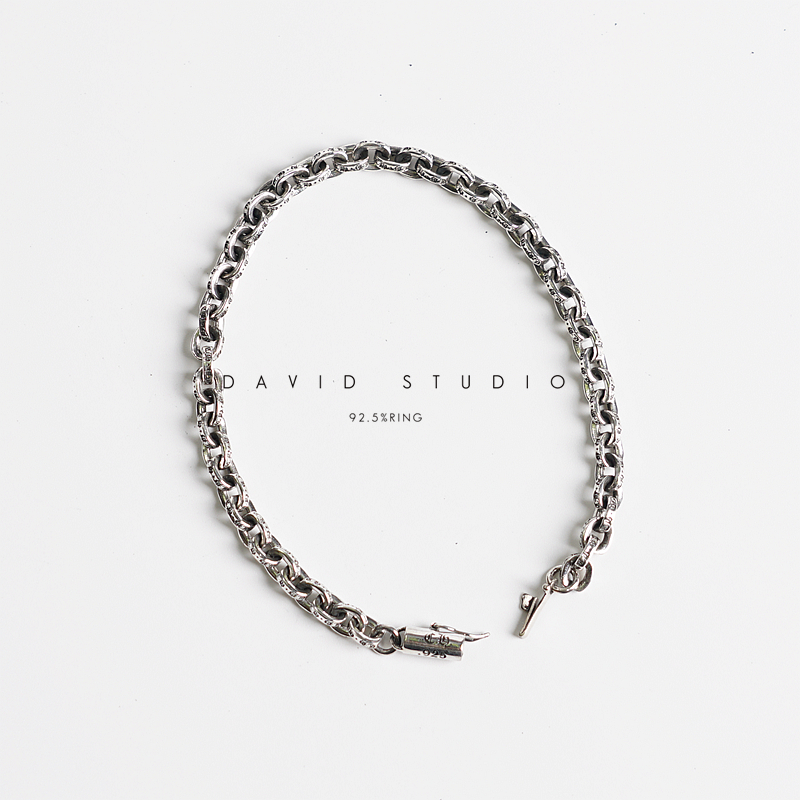 thumbnail for David Sterling Silver S925 Sterling Silver Gothic English Lettering Chain Punk Motorcycle Vintage Style Men's and Women's Bracelets