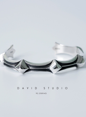 David studio纯银宝石十字架开口情侣手镯男女款厚重做旧潮牌手镯