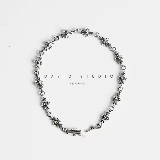 David Sterling Silver S925 Sterling Silver Personalized Small Cross Bracelet Men's Trendy Simple Retro Women's Bracelet