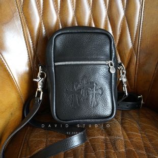 david 定制镭射十字架手工925纯银进口牛皮单肩斜挎可调节背包