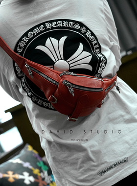 david 潮流网红同款 女款925纯银斜挎包意大利牛皮正红色腰包单肩