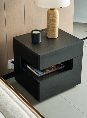 设计师款意式极简床头柜带灯一体悬浮式床边柜现代简约卧室储物柜