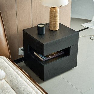 床边柜现代简约卧室储物柜 极简床头柜带灯一体悬浮式 设计师款 意式