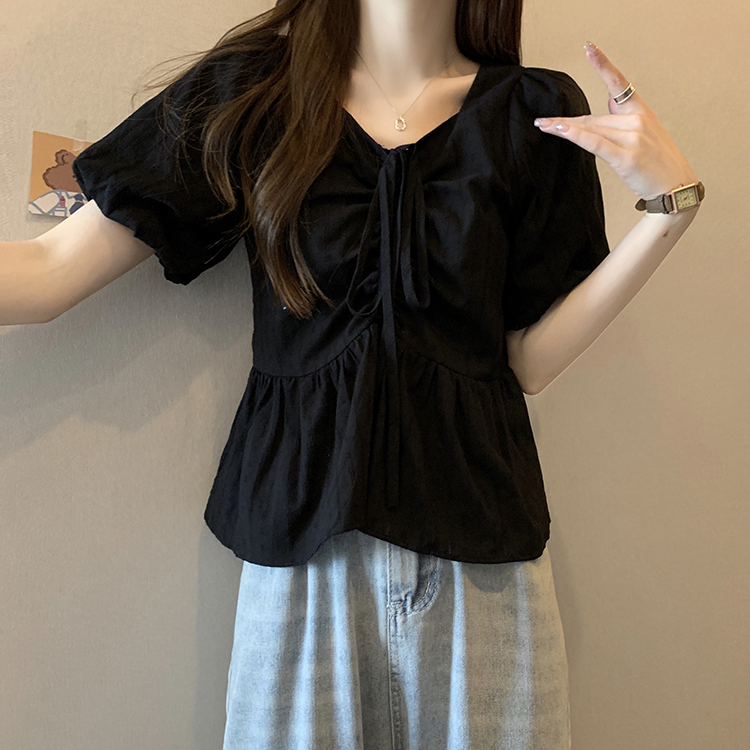 修身韩系抽绳短袖棉上衣