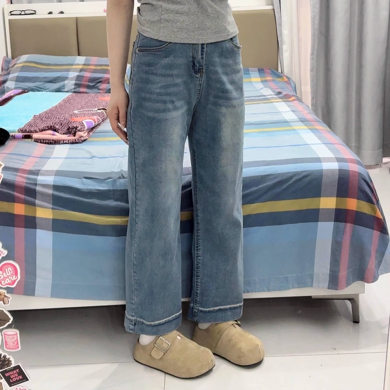 夏季胖mm梨形身材直筒瘦腰弹力牛仔裤小个子九分显高显瘦遮肚裤子