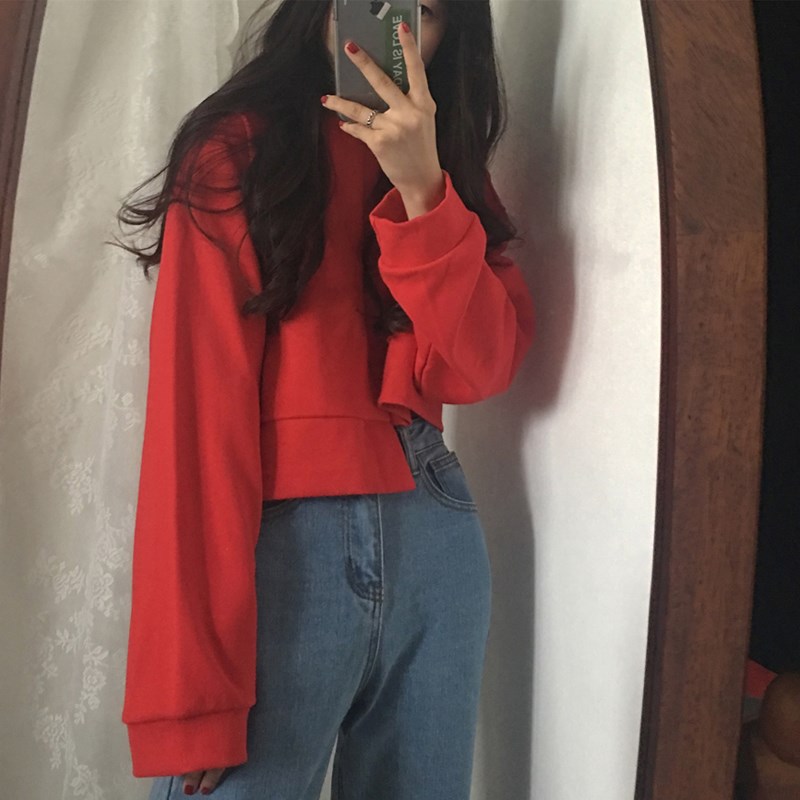 不规则长袖卫衣女2017秋装韩版百搭复古宽松显瘦短款露脐打底上衣|msdalam kategori Pakaian Lelaki, baju-T - dari Buy2taobao.com untuk memberikan perkhidmatan ejen Taobao profesional membeli