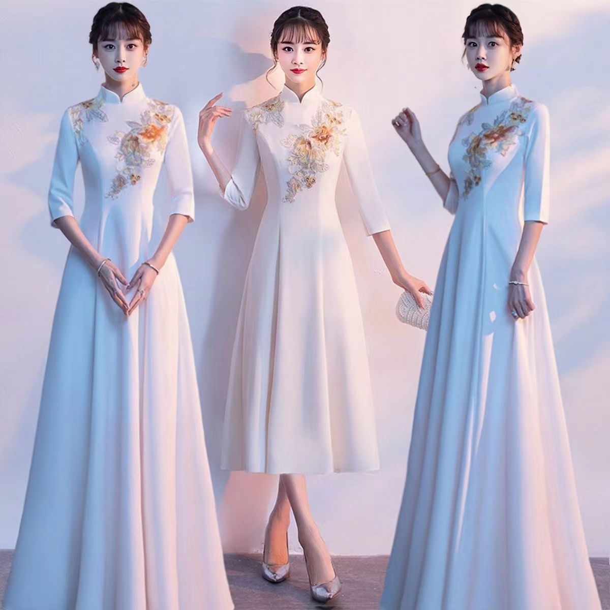 姐妹团礼服裙长袖大码显瘦中式