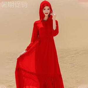 超仙沙滩沙漠旅游拍照连帽防晒真丝桑蚕丝连衣裙蕾丝拼接大摆长裙