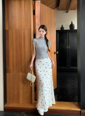 1ess la mode韩系度假风蝴蝶结印花蕾丝碎花鱼尾半身裙纯欲长裙夏