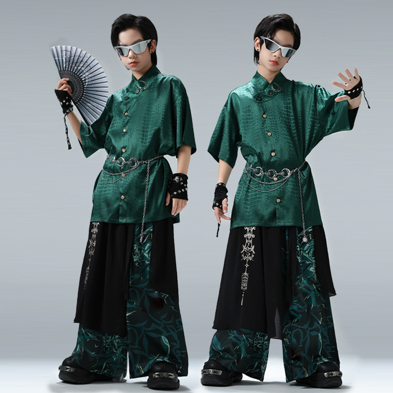 中国风街舞儿童服装少儿国潮套装嘻哈男童新中式舞蹈表演出服潮酷