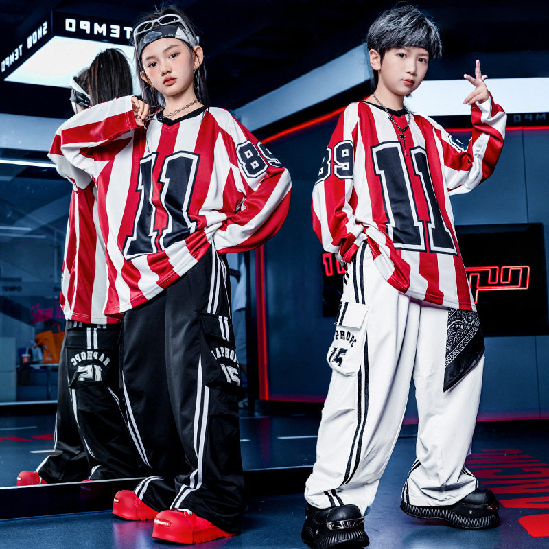 儿童街舞服装女童帅气少儿hiphop嘻哈潮流宽松条纹卫衣套装爵士