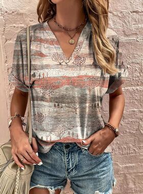 Stripe printed pullover T-shirt for women条纹印花套头女士T恤