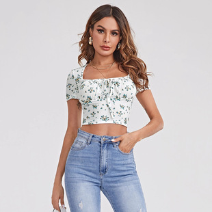 Square Shir Cropped Floral Sleeve Short Navel Neck