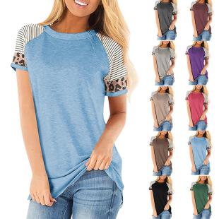 Short Shirt Leopard Striped Top Contrast Patchwork Sleeve
