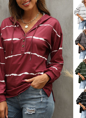 women's half placket printed casual hoodie sweatshirt连帽衫