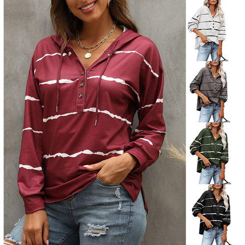 半开襟印花休闲连帽衫卫衣女