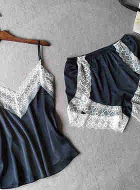 Ice silk pajamas feminine lace silk suspender shorts