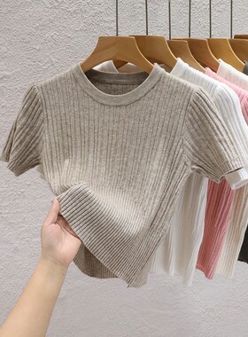 Solid color round neck sweater for women  纯色圆领短袖毛衣女