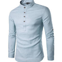 Solid color long-sleeved stand collar linen pullover shirt