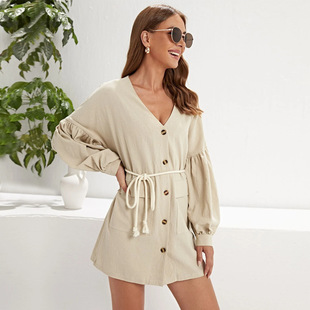 single neck long breasted sleeve belt skirt line dress