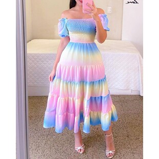 dress印花一字肩短袖 Printed 连衣裙 sleeved short one shoulder