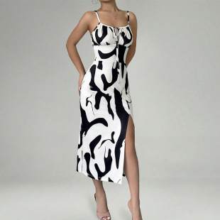sleeveless neck 开叉连衣裙女 dress 印花U领无袖 slit Printed