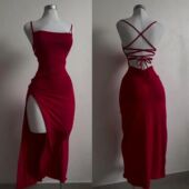 red women吊带连衣裙开叉女士 partydress dressdress women