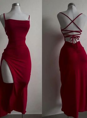red dressdress women partydress women吊带连衣裙开叉女士