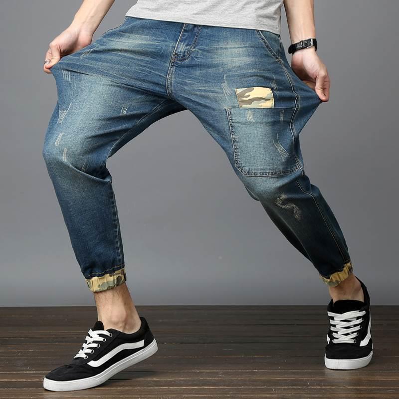 春夏高弹力宽松大码男裤子微胖加肥加大短裤九分裤胖子牛仔潮胖9