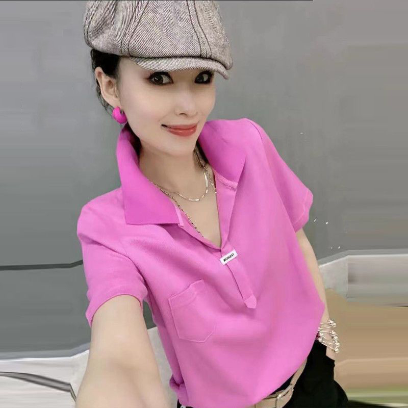 夏季新款正肩纯棉POLO领t恤短袖女时尚休闲减龄纯色百搭显瘦潮牌
