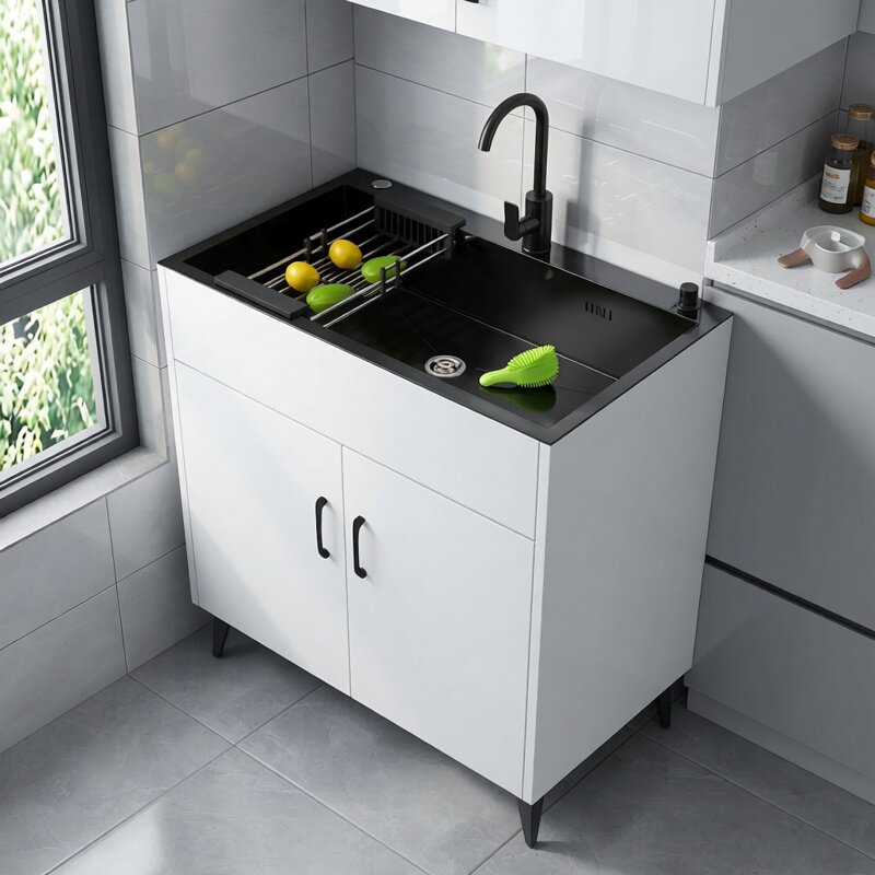 家用阳台厨房水槽一体柜公司茶水间单双槽洗碗池不锈钢水吧台橱柜