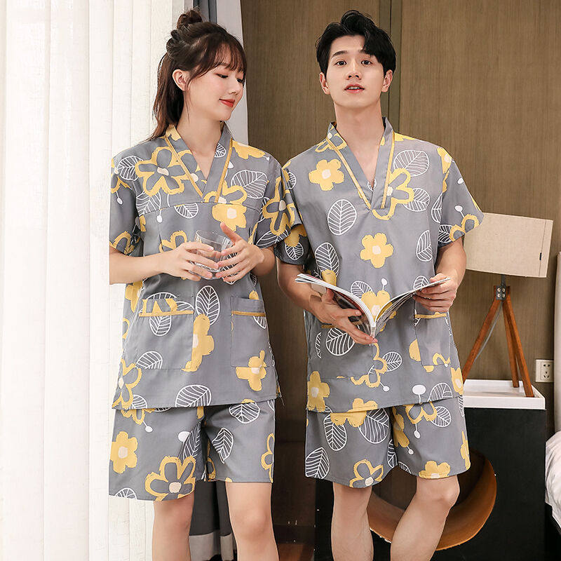 纯棉汗蒸服女大码胸部双层足疗睡衣按摩洗浴中心男款浴衣纯棉黄花