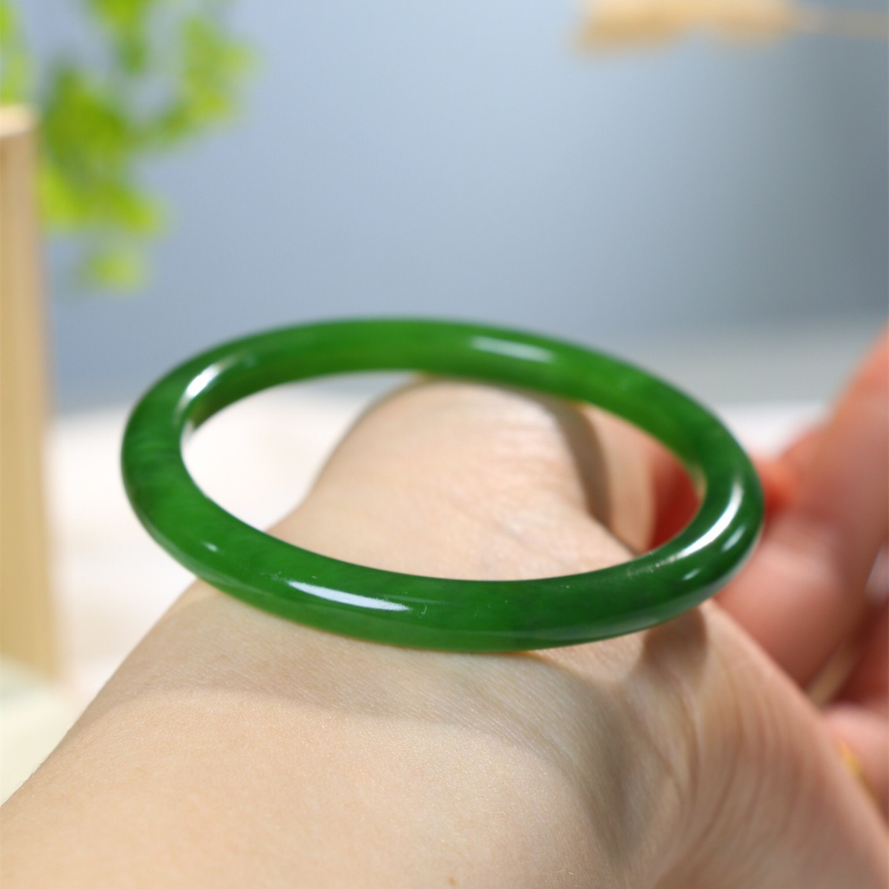 日本品质【朴布】新疆和田玉碧玉菠菜绿细圆条手镯叮当镯少女款玉